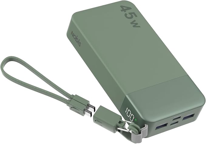 NOBIS Portable Charger 20000mAh, 45W Power Bank Fast Charging, 4-Output Battery Pack w/Detachable Dual Type-C Lanyard Cable & Hook, Battery Bank w/Digital Display for Phone, Laptop, Steam Deck