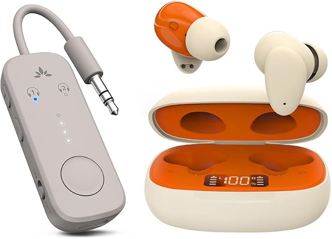 Avantree Relay & Clan N1 - Premium Airplane Bluetooth 5.3 Adapter & Active Noise-Canceling Wireless Earbuds for Music, Calls While Commuting with Hybrid ANC, Transparency Mode