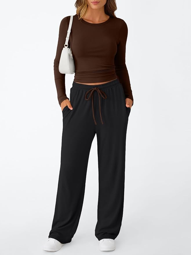 Trendy Queen Women's 2 Piece Matching Lounge Set Long Sleeve Side Ruching Top Wide Leg Drawstring Pants Set with Pockets