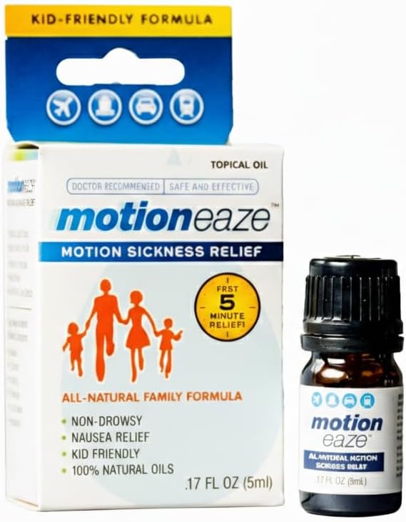 MotionEaze Non-Drowsy Motion Sickness Relief - All Natural Drug Free Formula - Made in The USA - 5ml Bottle - Fast Relief for Motion Sickness from Cruises, Cars, Planes