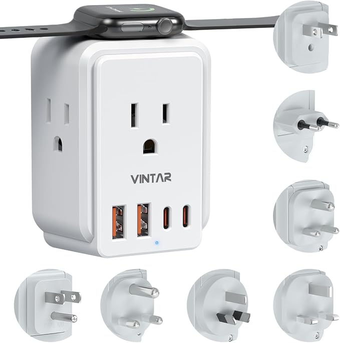 Universal Travel Adapter Kit for Apple Watch Charger, VINTAR International Power Adapter with 3 AC Outlets 4 USB Ports (2 USB C), Type A/B/C/D/G/I/M Detachable Plugs, US to Europe/UK/India/Africa