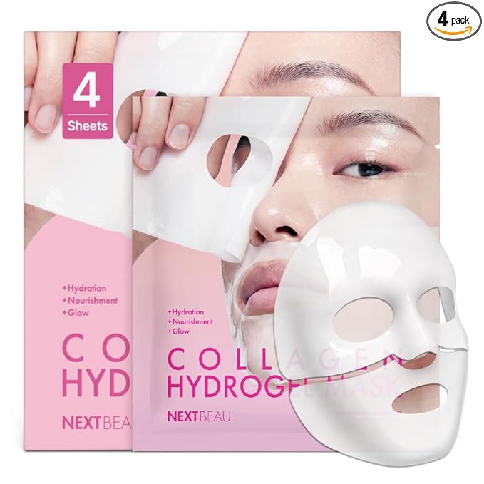 NEXTBEAU Collagen Hydrogel Face Mask with Hydrolyzed Collagen, Hyaluronic Acid, Niacinamide & Peptides for Deep Hydration and Smooth Skin (Pack of 4, 34g Each / 1.19oz)
