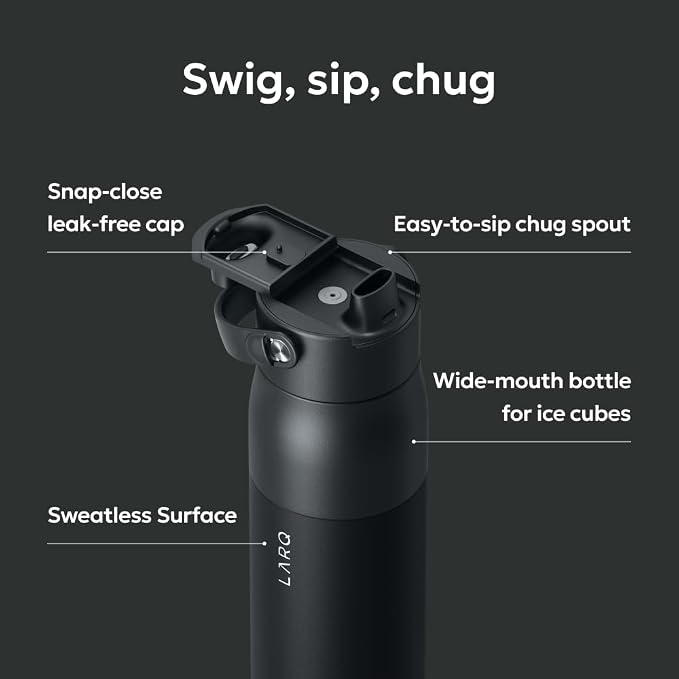 LARQ Swig Top — Insulated Stainless Steel Water Bottle with Straw, Detachable Silicone Handle, Vacuum 24h Cold, BPA-Free Metal Bottle for Gym, Travel, Office, Wide Mouth for Ice — 34 oz, O. Black