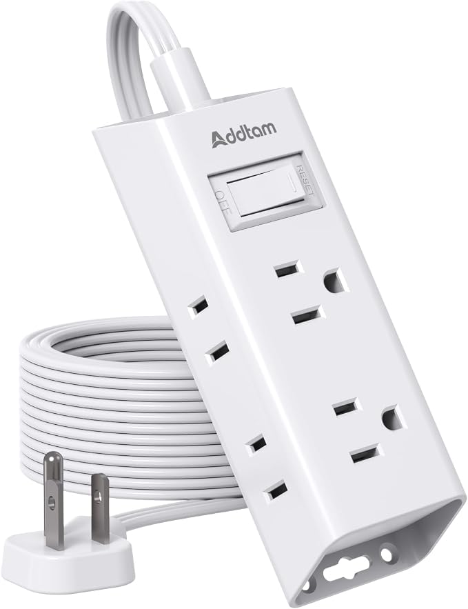 Addtam Flat Plug Power Strip with 6 Outlet Extender, 10 FT Extension Cord Flat Wall Plug with Multiple Outlets, No Surge Protector for Cruise Ship, Travel, Dorm, Home Office, Cruise Essentials, White