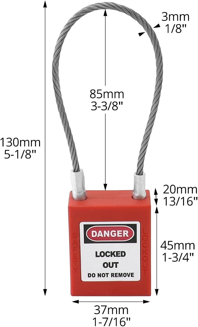 QWORK Lockout Tagout Steel Cable Locks, 10 Pack Compact Cable Padlock with 20 Keys, Red Keyed Different Electrical Lockout Padlock Set