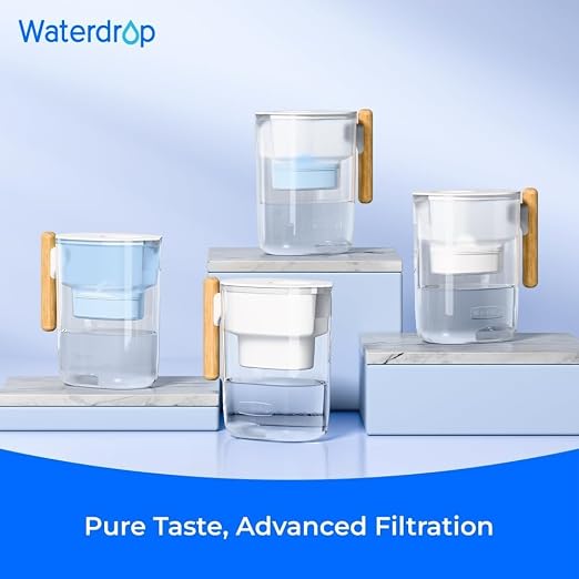 Waterdrop PT-04B Water Filter Pitcher, 10-Cup Capacity, NSF Certified, 200-Gallon Long-Life Filter, 5X Longer Filter Life, Reduces PFOA/PFOS and Chlorine, BPA-Free, Sturdy Wooden Handle, Blue