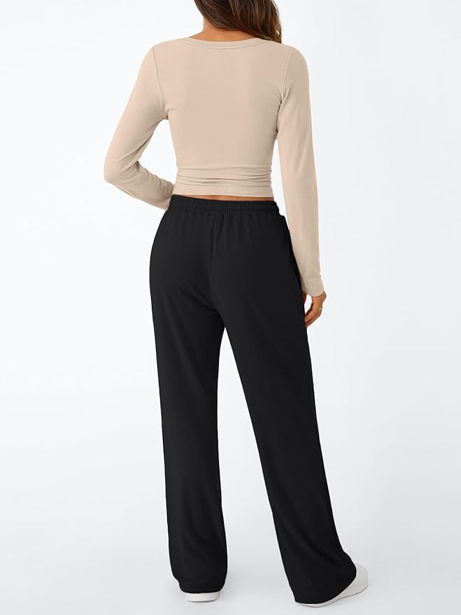 Trendy Queen Women's 2 Piece Matching Lounge Set Long Sleeve Side Ruching Top Wide Leg Drawstring Pants Set with Pockets