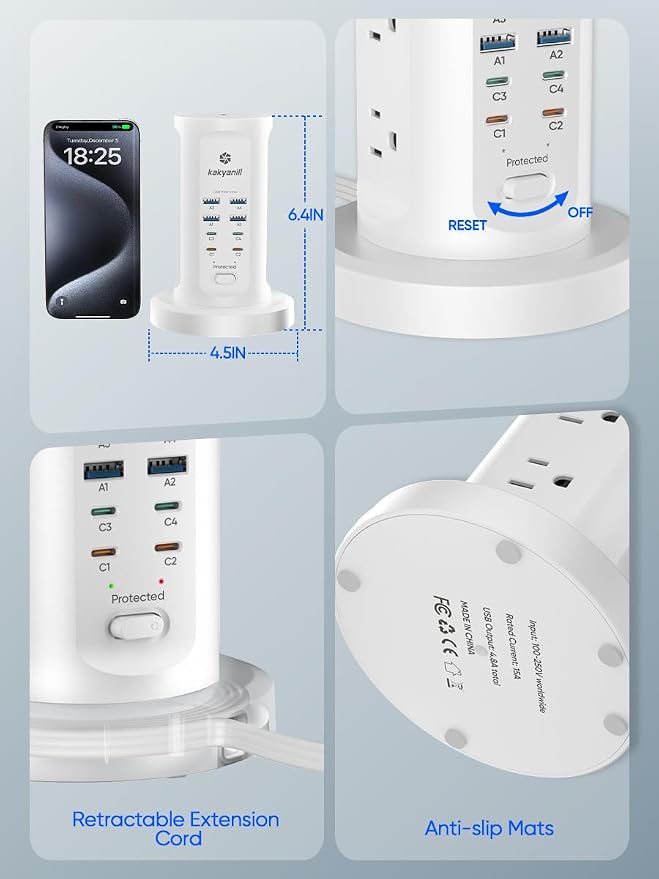 Kakyanill 30W USB Charging Station, Power Strip Tower, 9 AC Outlets with 8 USB Ports(4 USB-C), 6Ft Flat Plug Retractable Extension Cord, for Home Office Dorm, White