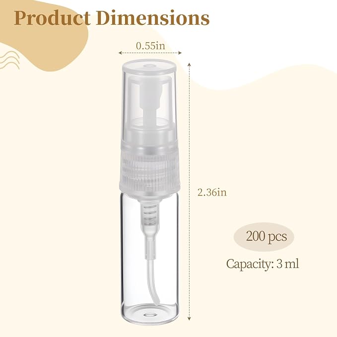 200 Pcs Mini Glass Spray Bottles, 3 ml Clear Perfume Sample Containers for Fragrance and Essential Oils, Travel Size Sprayers with Leak Proof Design, Small Vials for Facial Mists and Liquids