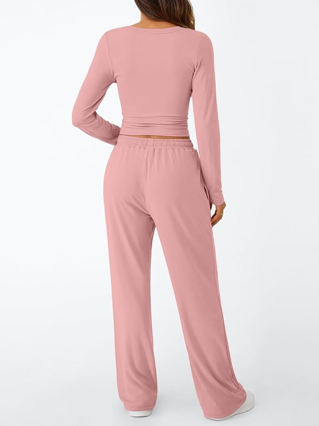 Trendy Queen Women's 2 Piece Matching Lounge Set Long Sleeve Side Ruching Top Wide Leg Drawstring Pants Set with Pockets