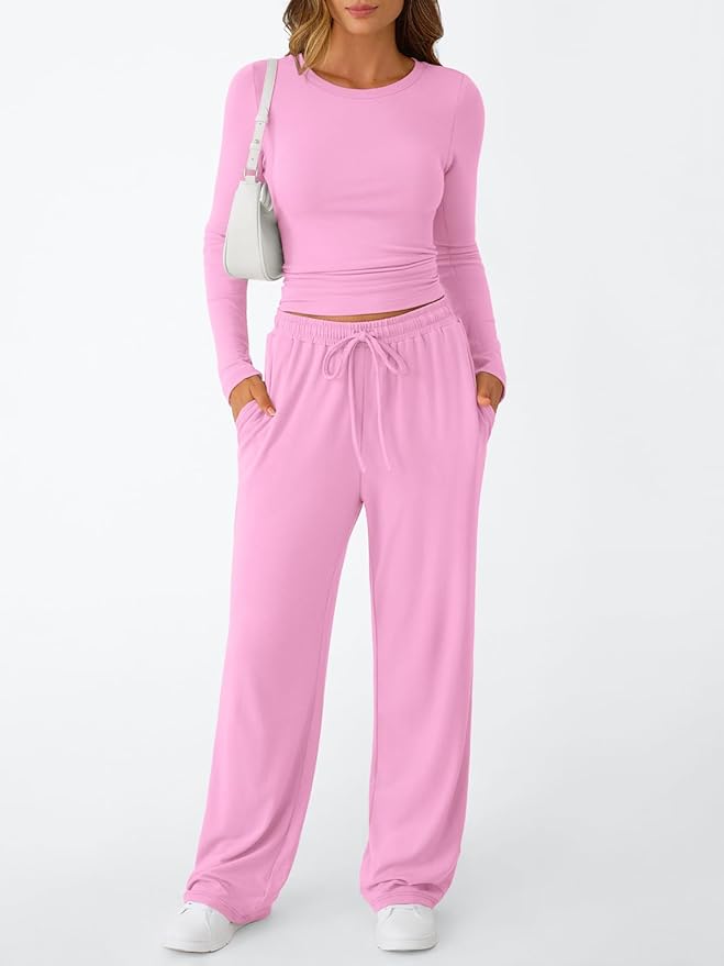Trendy Queen Women's 2 Piece Matching Lounge Set Long Sleeve Side Ruching Top Wide Leg Drawstring Pants Set with Pockets