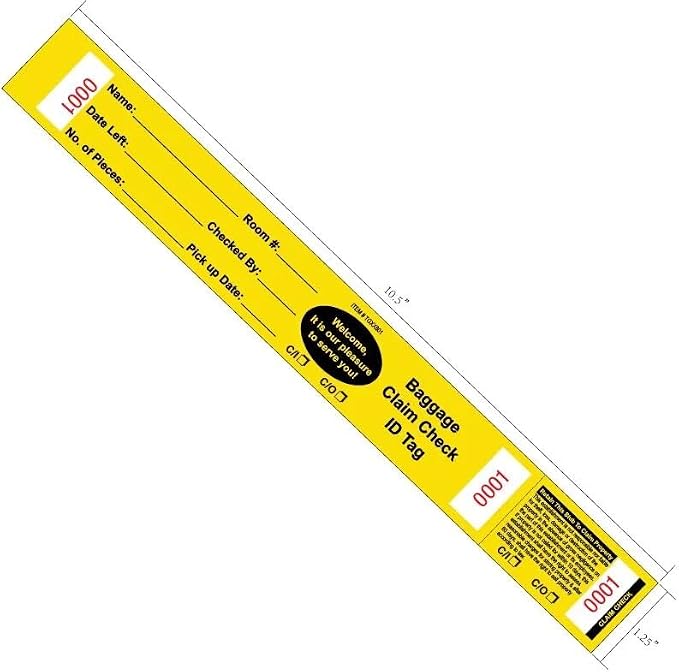 1000 Baggage Claim Check Tags Made from Yellow Card Stock, with Transfer Tape on Back, Printed in Black with Red Consecutive Numbering. Bag Identification Tag Size: 10 1/2" x 1 1/4"
