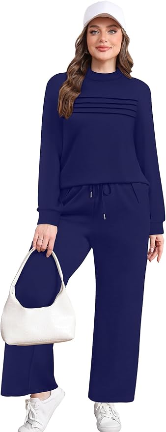 WIHOLL Two Piece Sets for Women Spring Travel Vacation Outfits 2026 Long Sleeve Lounge Sets Side Slit Wide Leg Pants S-3XL