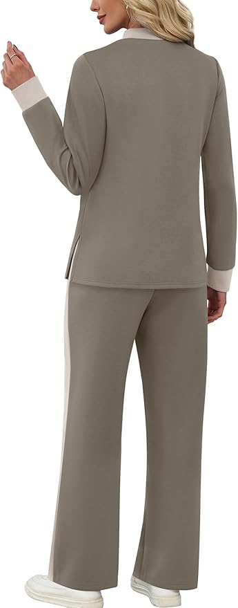 WIHOLL Two Piece Sets for Women Spring Travel Vacation Outfits 2026 Long Sleeve Lounge Sets Side Slit Wide Leg Pants S-3XL
