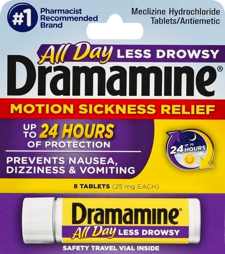 Dramamine Motion Sickness Less Drowsy, Travel Vial, Multicolor, 8 Count (Pack of 3)