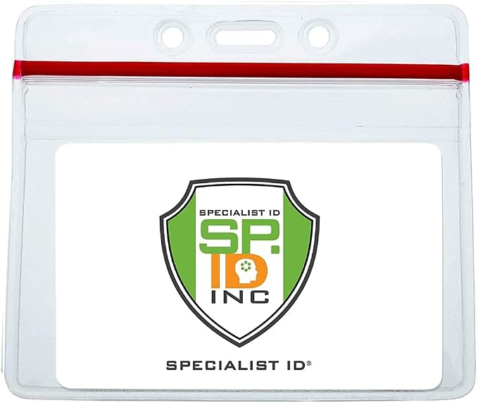 Bulk 100 Pack - Heavy Duty Badge Holder Horizontal with Resealable Zip Top - Clear Plastic Waterproof i’d Card Protector - Top Load Pouch w/Lock Zipper Closure for Office & Nurses by Specialist ID