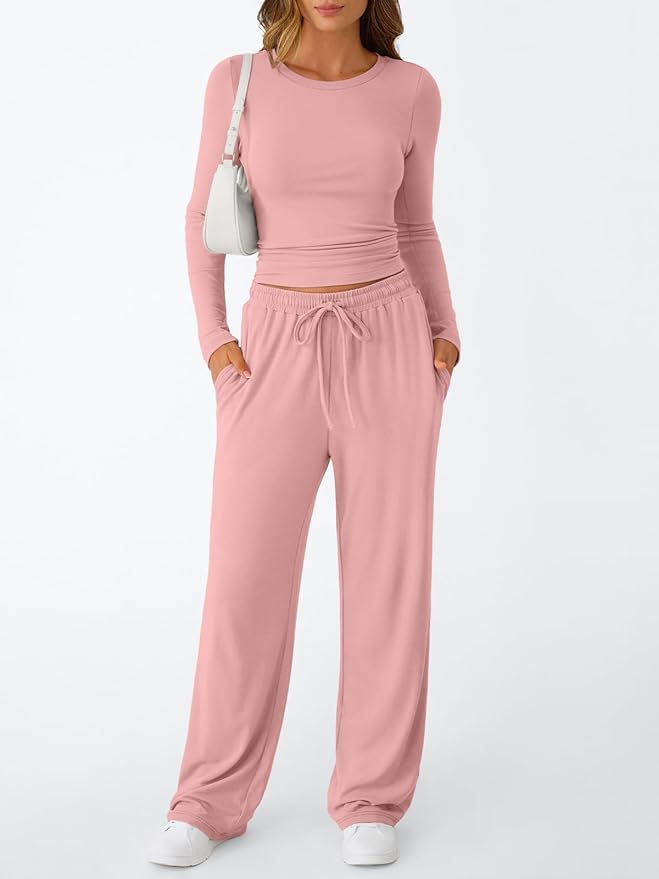 Trendy Queen Women's 2 Piece Matching Lounge Set Long Sleeve Side Ruching Top Wide Leg Drawstring Pants Set with Pockets