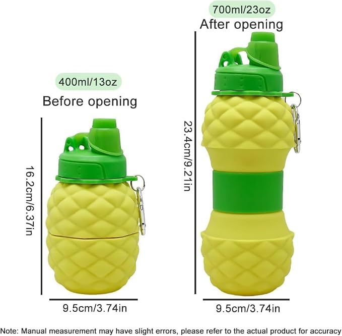 Pineapple Design Silicone Collapsible Water Bottles, Portable Sports Bottle with Carabiner Clip, Leak Proof, BPA Free Sippy Straw 550 ml (Pack of 1) (Pineapple bottle)