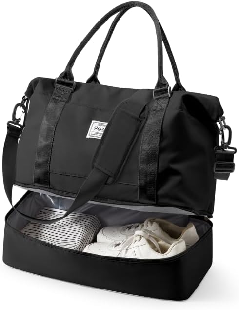 Travel Duffel Bag, 18x14x8 Inches Travel Bag Spirit with Shoes Compartment, Weekender Overnight Bag for Women with Trolley Sleeve, Carry On Bag for Airplanes Sport Tote Gym Bag Black