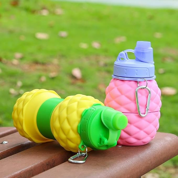 Collapsible Silicone Water Bottle || 600 ML Folding Water Bottle With Straw And Hook || Portable Water Bottle For Hiking, Camping, Sports, Road Trips, Outdoor (Pack Of 1) (Pineapple Shape)