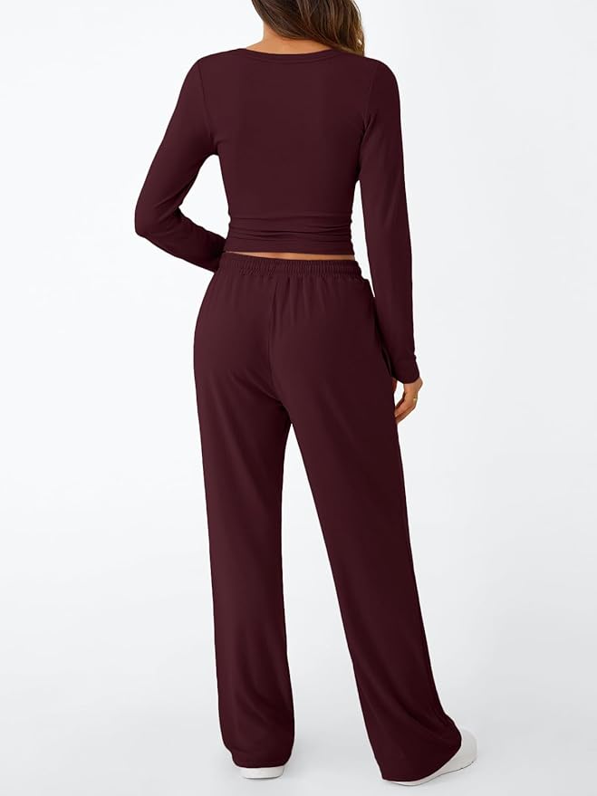 Trendy Queen Women's 2 Piece Matching Lounge Set Long Sleeve Side Ruching Top Wide Leg Drawstring Pants Set with Pockets
