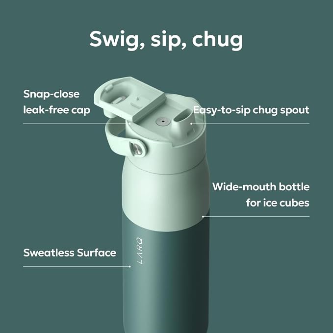 LARQ Swig Top — Insulated Stainless Steel Water Bottle with Straw, Detachable Silicone Handle, Vacuum 24h Cold, BPA-Free Metal Bottle for Gym, Travel, Office, Wide Mouth for Ice — 34 oz, E. Green