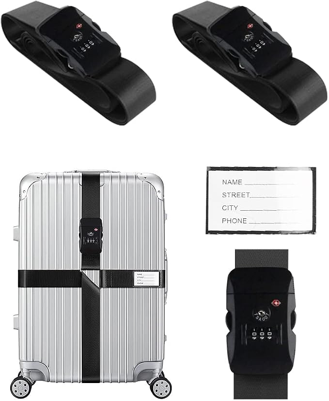 Veki Cross Luggage Straps Set TSA Approved with Lock Adjustable Travel Suitcase Belts Suitcase Tags with Name ID Card Packing Straps for Suitcases Strap Travel Accessories (Black*2pcs)