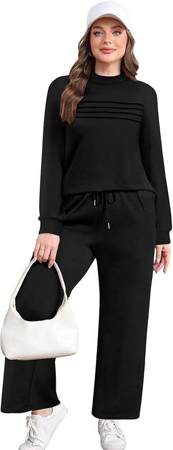 WIHOLL Two Piece Sets for Women Spring Travel Vacation Outfits 2026 Long Sleeve Lounge Sets Side Slit Wide Leg Pants S-3XL