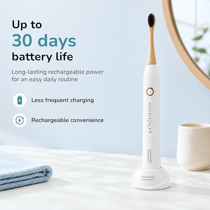 Sustainable Tomorrow Zen Bamboo Electric Toothbrush, Durable Wood-Grain ABS Handle, Rechargeable w/Plant-Based Soft Bristles, Bamboo Heads, 5 Modes & 30-Day Battery (White)