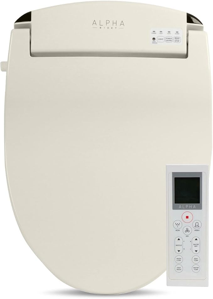 ALPHA BIDET JX2 Elongated Bidet Toilet Seat, Beige, Endless Warm Water, NEW* Bowl Mist, LED Light, Quiet Operation, Wireless Remote, Stainless Steel Nozzle, Sittable Lid, 3 Year Warranty