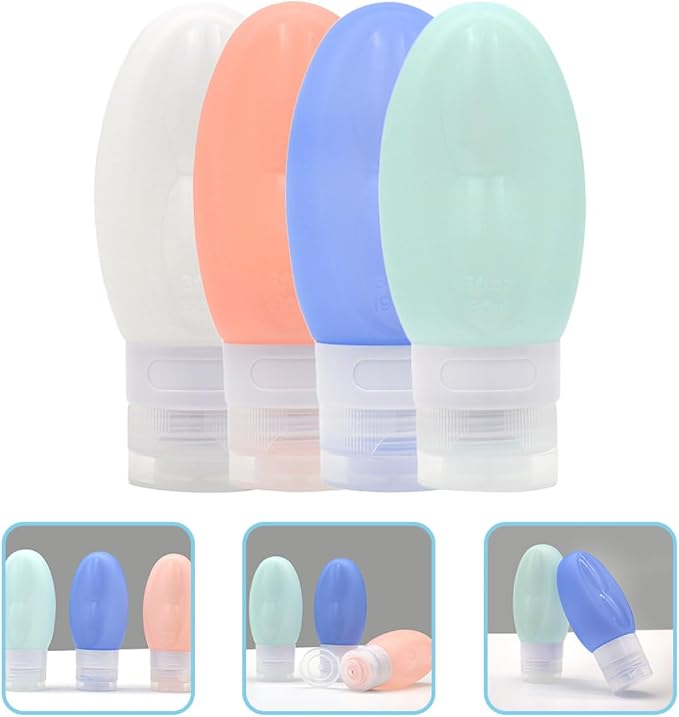 4pcs Silicone Travel Bottles Set 90ml Leakproof Reusable Toiletries Containers for Shampoo Lotion with Flip Cap for Travel Bathroom Toiletry Storage