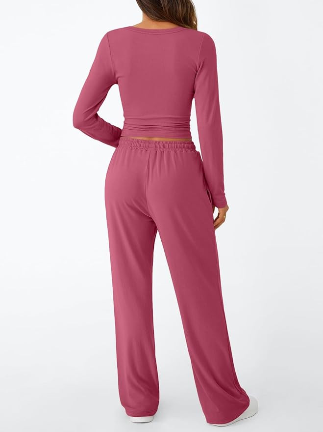 Trendy Queen Women's 2 Piece Matching Lounge Set Long Sleeve Side Ruching Top Wide Leg Drawstring Pants Set with Pockets