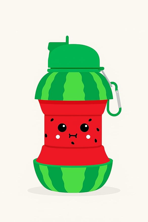 Watermelon Design Silicone Collapsible Water Bottles, Portable Sports Bottle with Carabiner Clip, Leak Proof, BPA Free Sippy Straw 550 ml (Pack of 1) (WATER MELON)