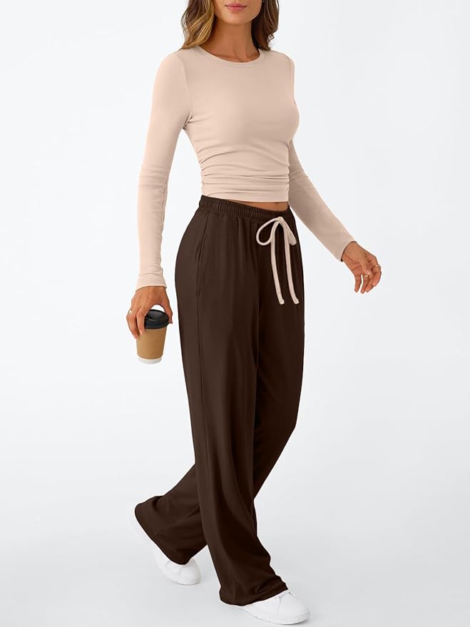 Trendy Queen Women's 2 Piece Matching Lounge Set Long Sleeve Side Ruching Top Wide Leg Drawstring Pants Set with Pockets
