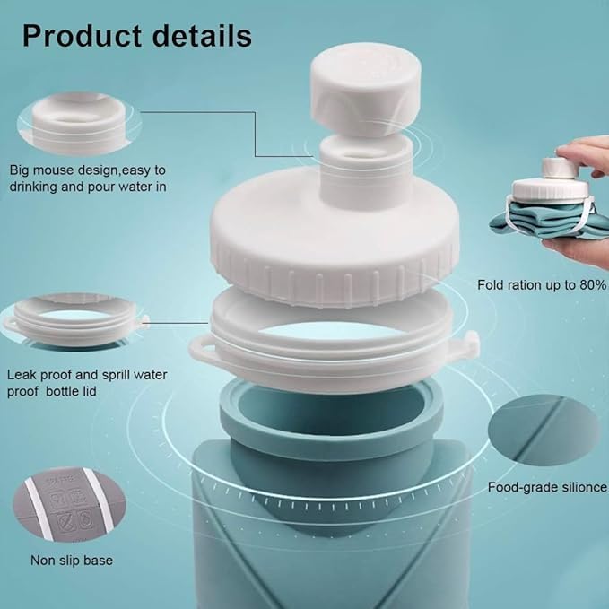 Folding Silicone Collapsible Water Bottles Portable Sports Bottle with Carabiner Clip Leak Proof, BPA Free Sippy Straw 600 ml