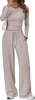 Trendy Queen Women's 2 Piece Matching Lounge Set Long Sleeve Side Ruching Top Wide Leg Drawstring Pants Set with Pockets