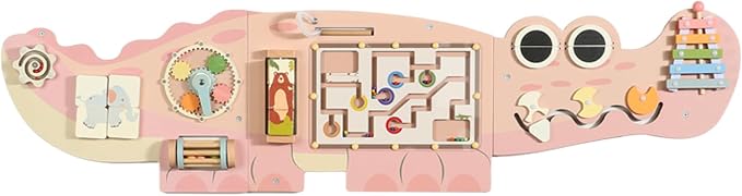 Interactive Pink Crocodile Wall Game - Wooden Educational Toy with 10+ Games for Kids (3+), STEM Learning, Hand-Eye Coordination & Sensory Development