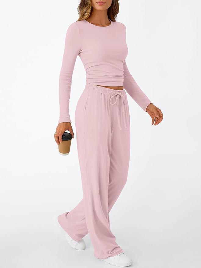 Trendy Queen Women's 2 Piece Matching Lounge Set Long Sleeve Side Ruching Top Wide Leg Drawstring Pants Set with Pockets