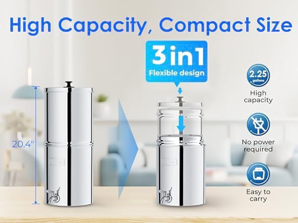 Waterdrop TK-A-FS Gravity Water Filter System, NSF/ANSI 42&372 Standard, Reduces Fluoride and Chlorine, Stainless-Steel Water System with 4 Filters and Metal Spigot for Home, 2.25G