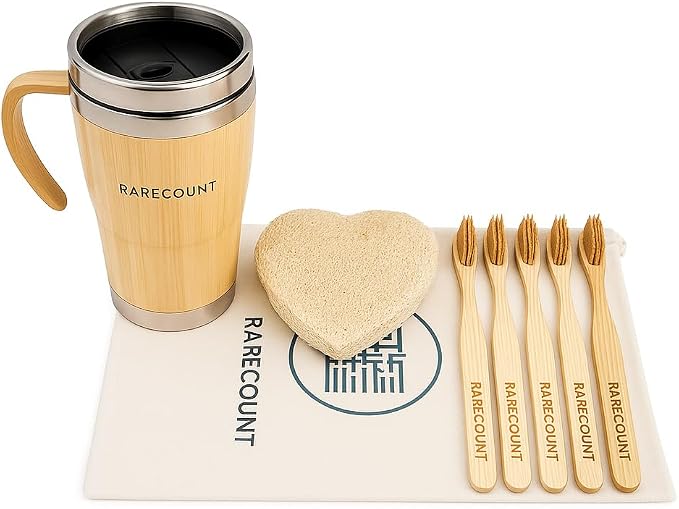 Eco Friendly Bamboo Coffee Tumbler Gift Set - Reusable Travel Mug with Lid, Insulated Stainless Steel Cup, Loofah Sponge & 5 Bamboo Toothbrushes, Sustainable Zero Waste Kit