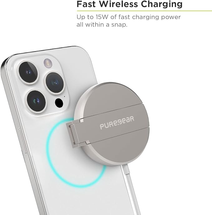 PureGear Kickstand 15W Qi-Certified Fast Wireless Charging Pad for iPhone Air/17/17Pro/17ProMax/14/13/12 Series Work with MagSafe Case - Magnetic Wireless Charger, AirPods, Galaxy 25 24 23 & More