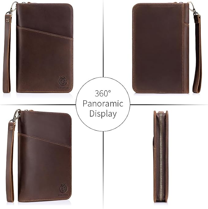 Leather Family Passport Holder RFID Blocking Vintage Zipper Large Capacity Travel Wallet with 6 Passport Slots & Wristlet, Brown