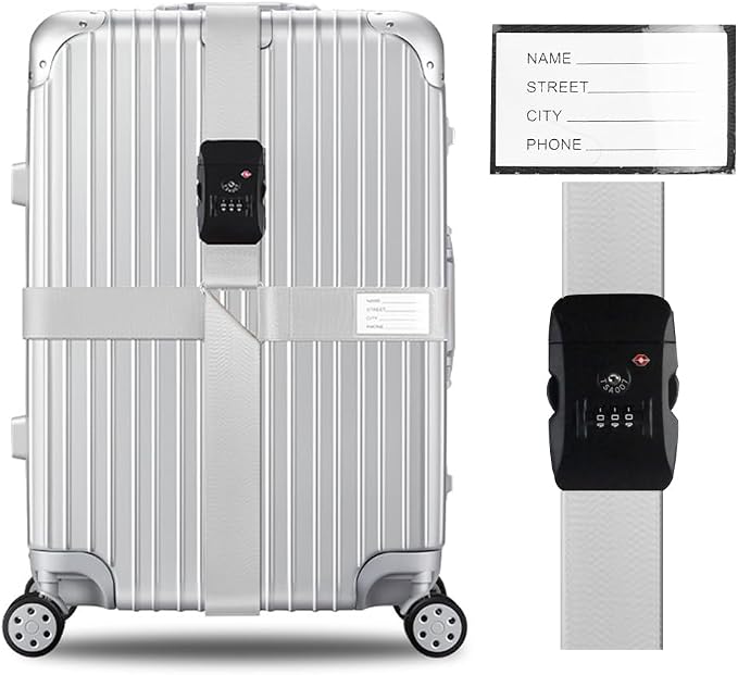 Veki Cross Luggage Straps Set TSA Approved with Lock Adjustable Travel Suitcase Belts Suitcase Tags with Name ID Card Packing Straps for Suitcases Strap Travel Accessories (Silver Gray 1pcs)