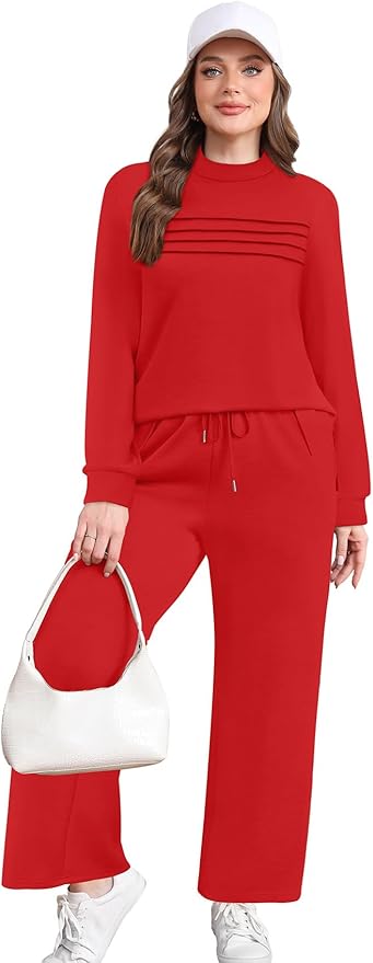WIHOLL Two Piece Sets for Women Spring Travel Vacation Outfits 2026 Long Sleeve Lounge Sets Side Slit Wide Leg Pants S-3XL