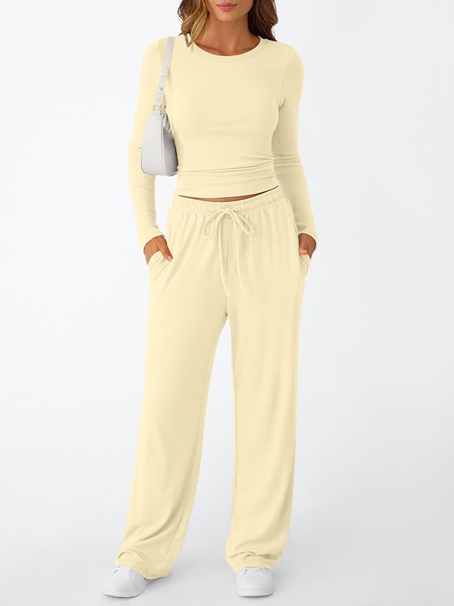 Trendy Queen Women's 2 Piece Matching Lounge Set Long Sleeve Side Ruching Top Wide Leg Drawstring Pants Set with Pockets