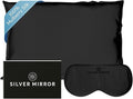 Silk Sleep Essentials Set in Black: Pillowcase and Eye Mask, 25" x 19.5" Fits Standard Queen Pillow, 22mm 6A Grade, for Gentle Sleep, Anti-Breakage, Tangles, Creases and Wrinkles, By Silver Mirror
