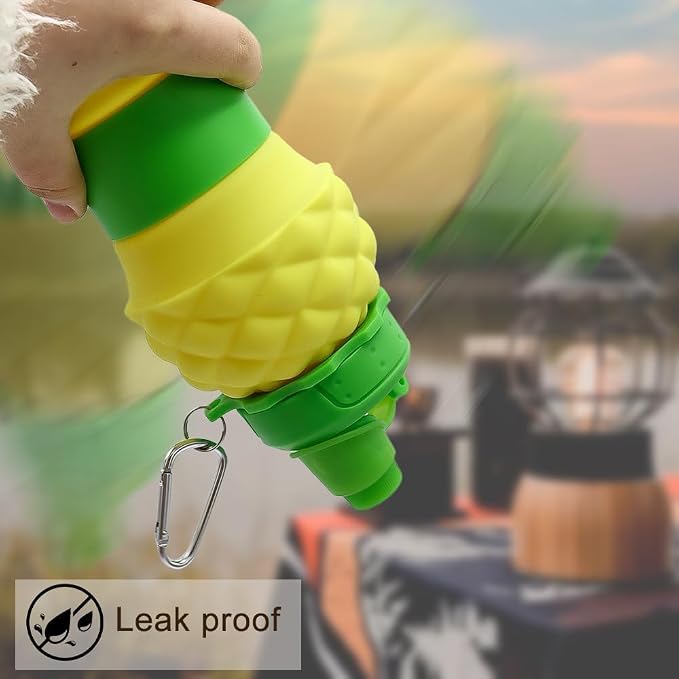 Pineapple Design Silicone Collapsible Water Bottles, Portable Sports Bottle with Carabiner Clip, Leak Proof, BPA Free Sippy Straw 550 ml (Pack of 1) (Pineapple bottle)
