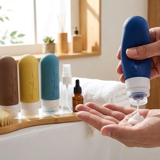 DEPOZA Travel Bottles Kit (16 Pack) - TSA Approved, Leak Proof Silicone Squeezable Containers for Toiletries. Complete Set with Jars, Sprayers & Bag (Dark blue)