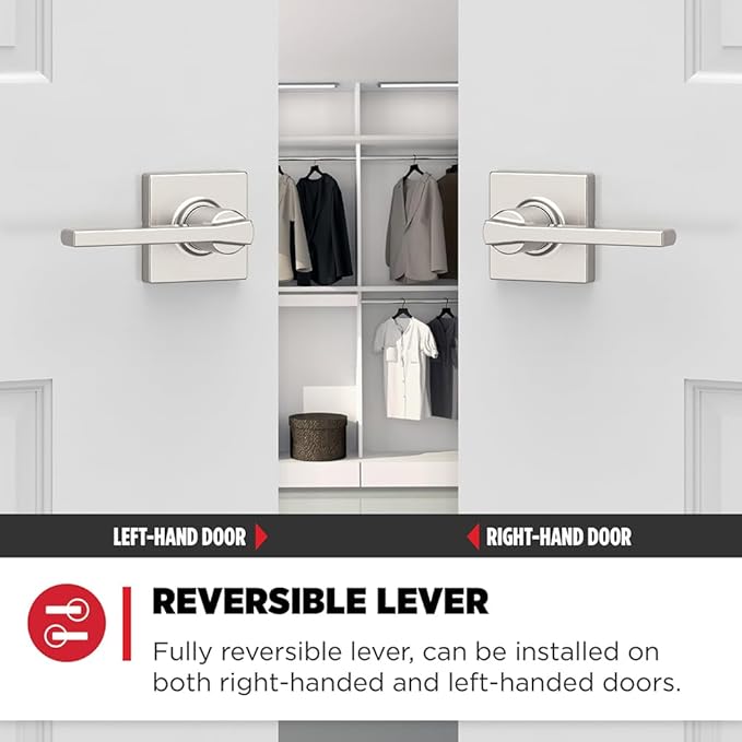 Kwikset Casey Interior Passage Door Handle 2 Pack, Lever for Closet and Hallway Doors, Reversible Non-Locking Handle Lever, Satin Nickel, with Microban Protection