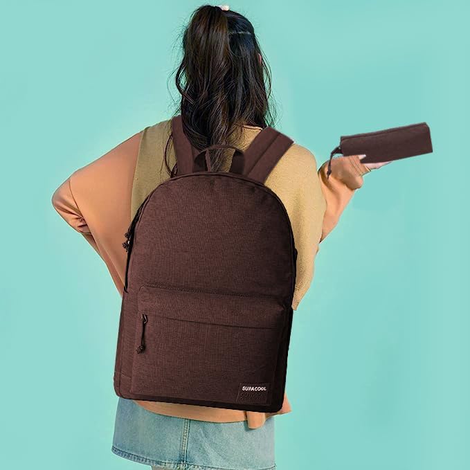 SUPACOOL Casual Laptop Backpack for Men and Women, Pencil Pouch, School Backpack with USB Charging Port, Bookbag for Boys and Girls(Coffee set)